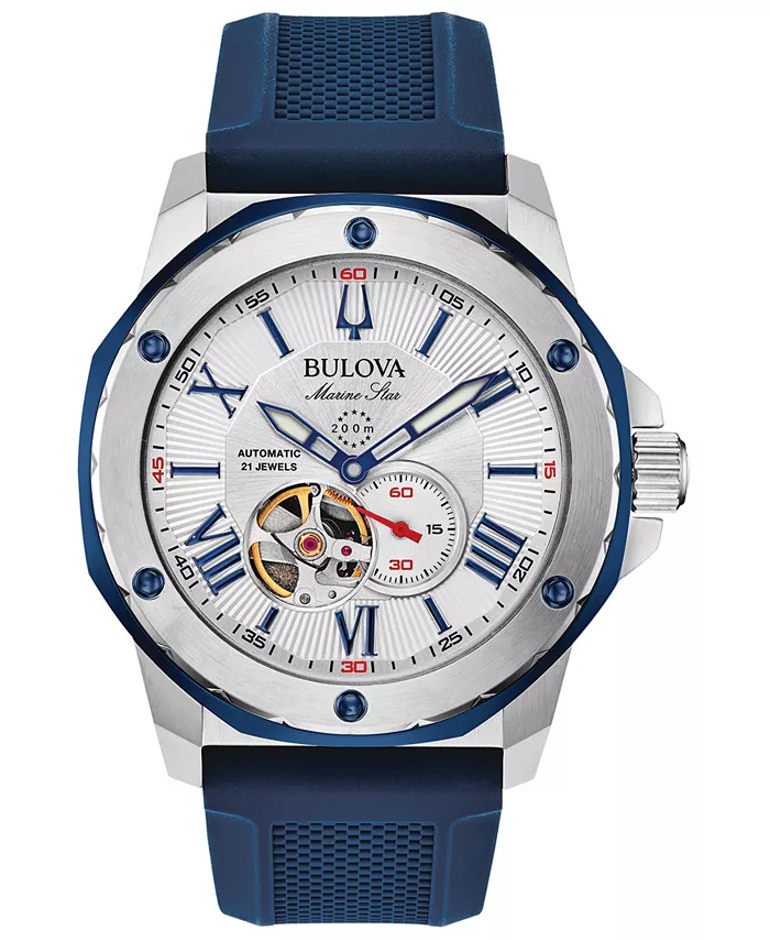 

Мужские автоматические часы Marine Star с синим силиконовым ремешком, 45 мм Bulova, синий