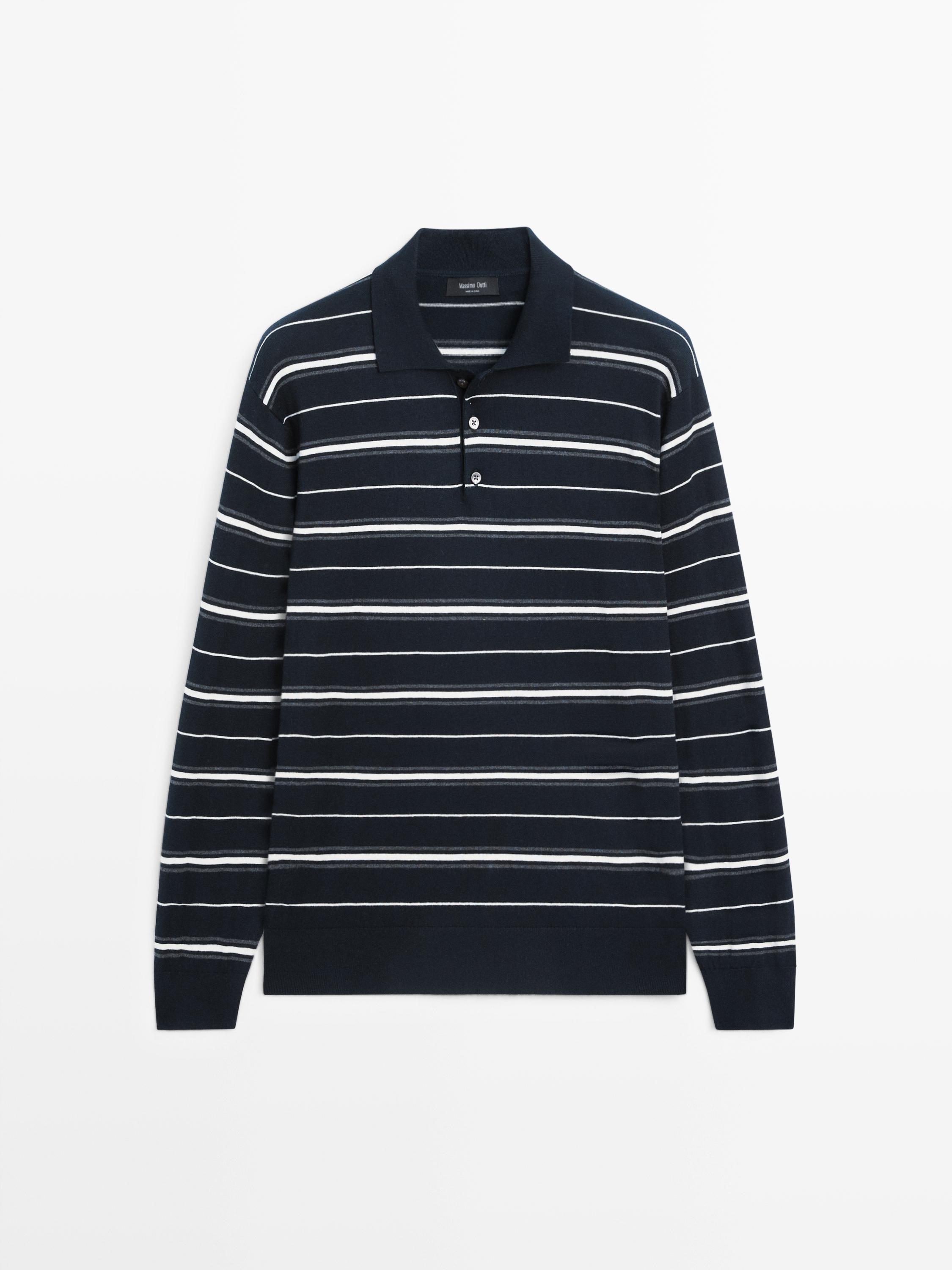 Вязаный свитер-поло в полоску из хлопковой смеси Massimo Dutti, navy blue — фото 2