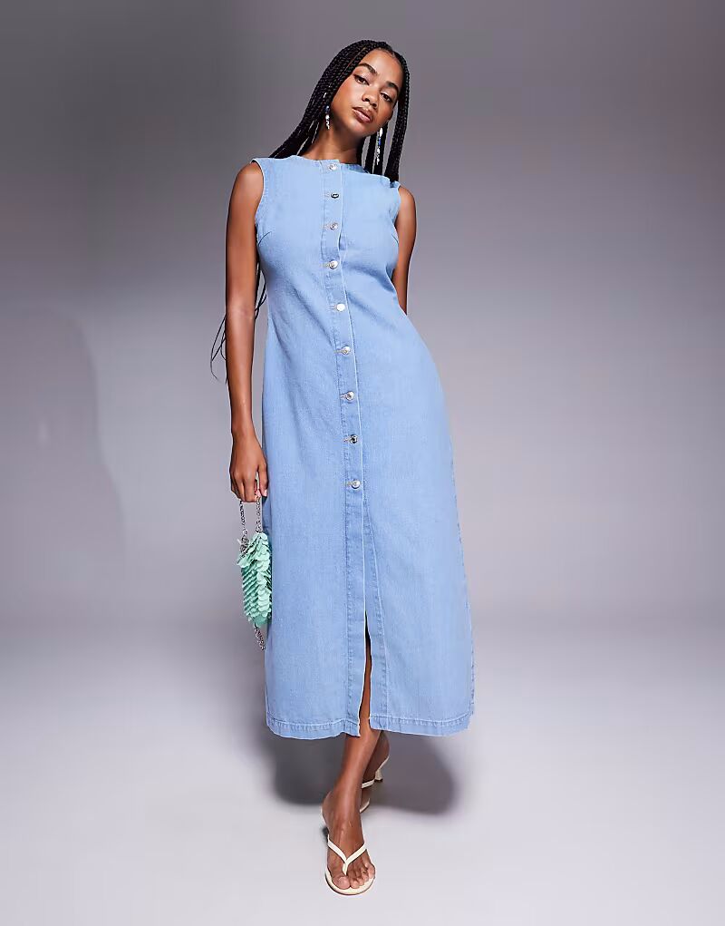 

Длинное джинсовое платье ASOS DESIGN с круглым вырезом и застежкой на пуговицы спереди, цвет выбеленный