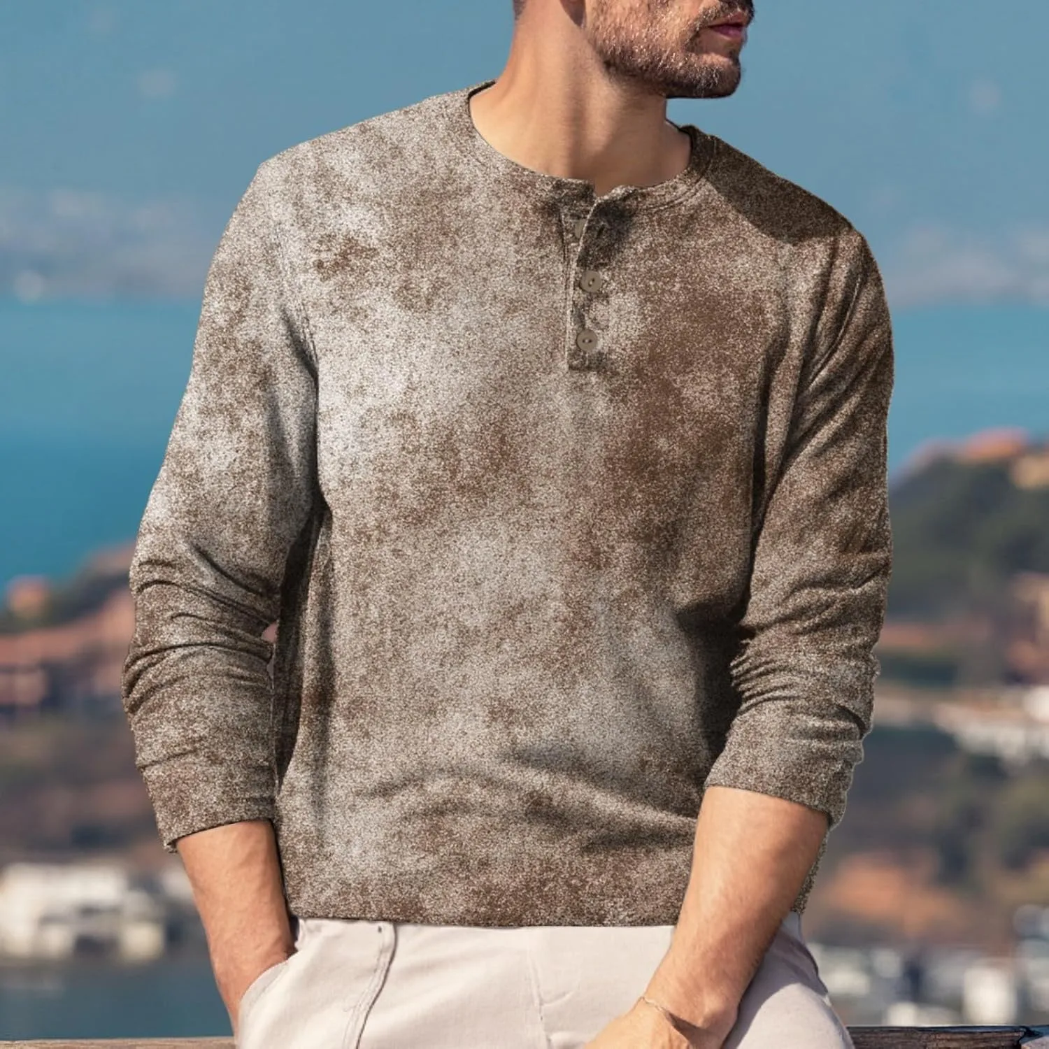 Мужская летняя футболка с длинным рукавом Henley, M-3XL — фото 4