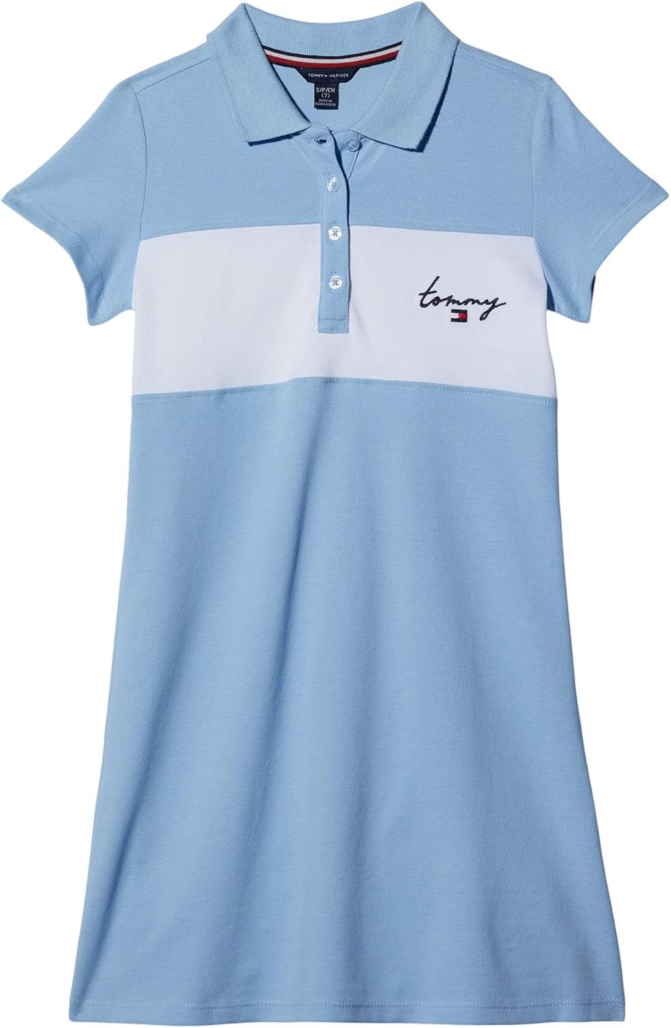 

Трикотажное платье-поло с короткими рукавами Tommy Hilfiger для девочек, повседневная одежда, мягкое и удобное., Pieced Blue Bell