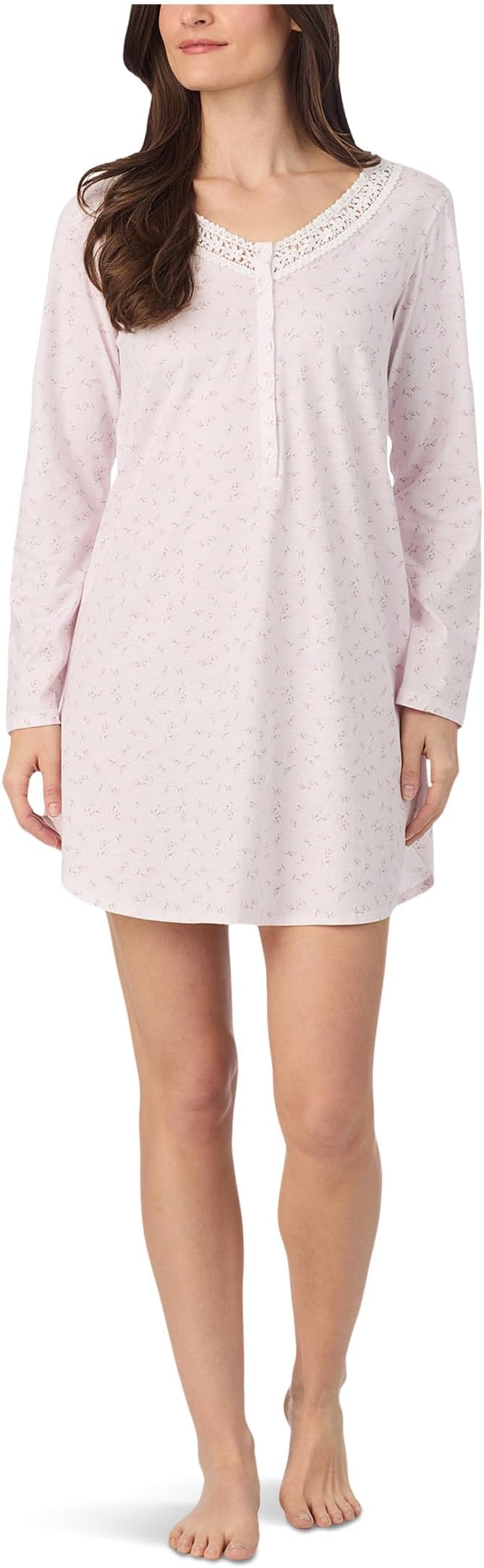 

Женская хлопковая трикотажная короткая ночная рубашка с длинным рукавом Eileen West, Pink Ground Rosebud