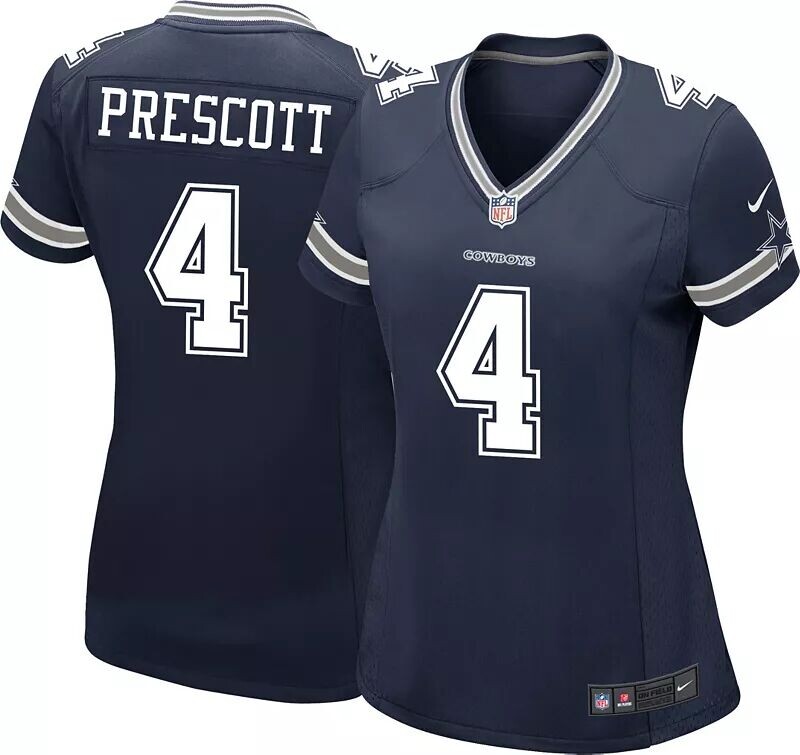 

Женская игровая майка Nike Dallas Cowboys Dak Prescott #4 темно-синего цвета