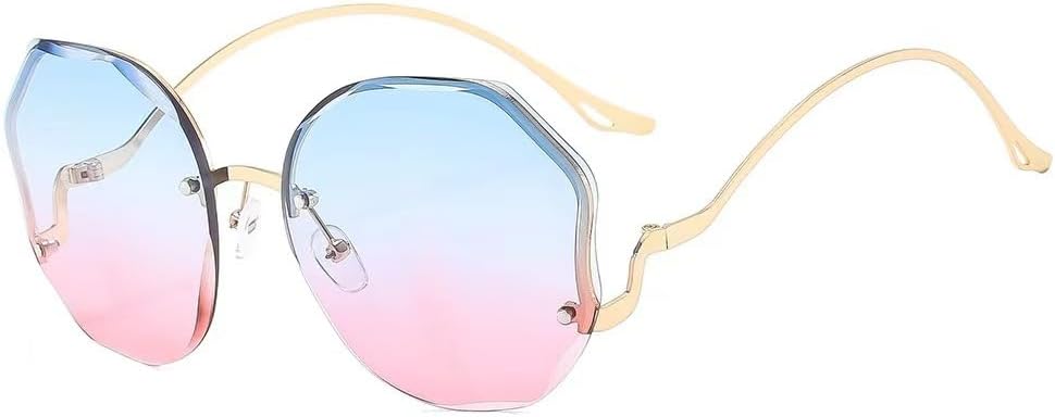 

Солнцезащитные очки Chinshwehaw 2025, женские, безрамочные, геометрические, "кошачий глаз". Цвет: золотистая металлическая оправа, сине-розовые градиентные линзы UV400. Легкие. Для вождения, пляжа, улицы