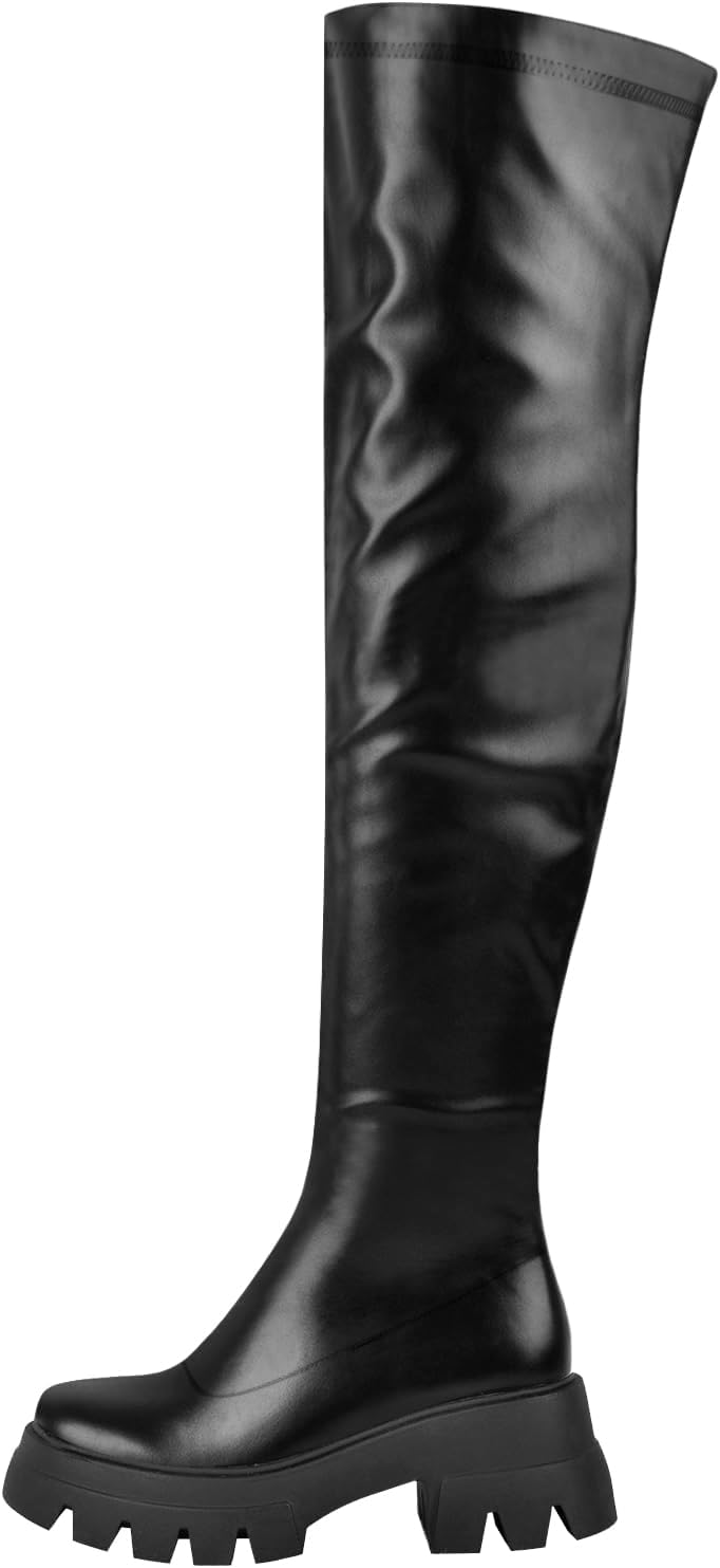 

Сапоги выше колена VERISSON с круглым носком, низким массивным каблуком, молнией, грубой подошвой и модным дизайном, черный