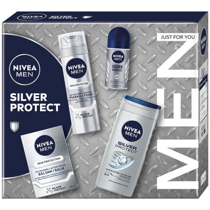 

Коллекция Silver Protect — пена для бритья 200 мл, бальзам после бритья 100 мл, роликовый антиперспирант 50 мл, гель для душа 250 мл Niveaset
