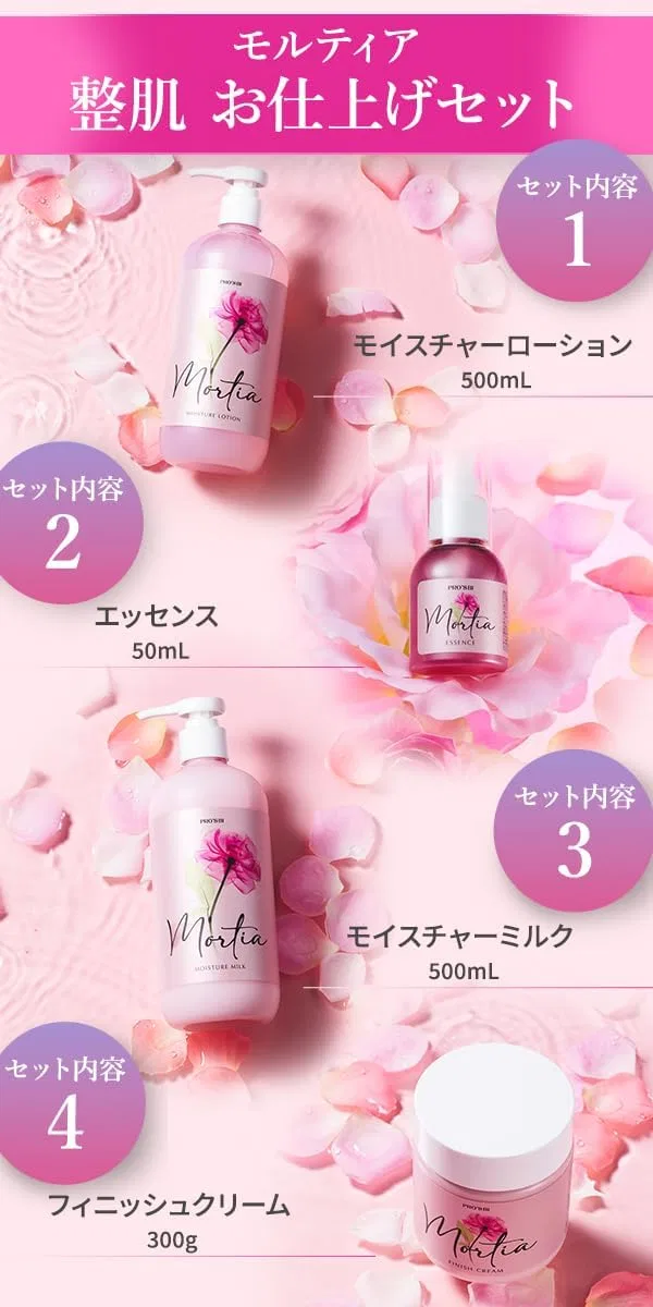 Набор косметики Mortia Skin Toning Finish, увлажняющий лосьон, эссенция, молочко, крем, розовый, с растительными стволовыми клетками, 4 предмета Seven Este — фото 2