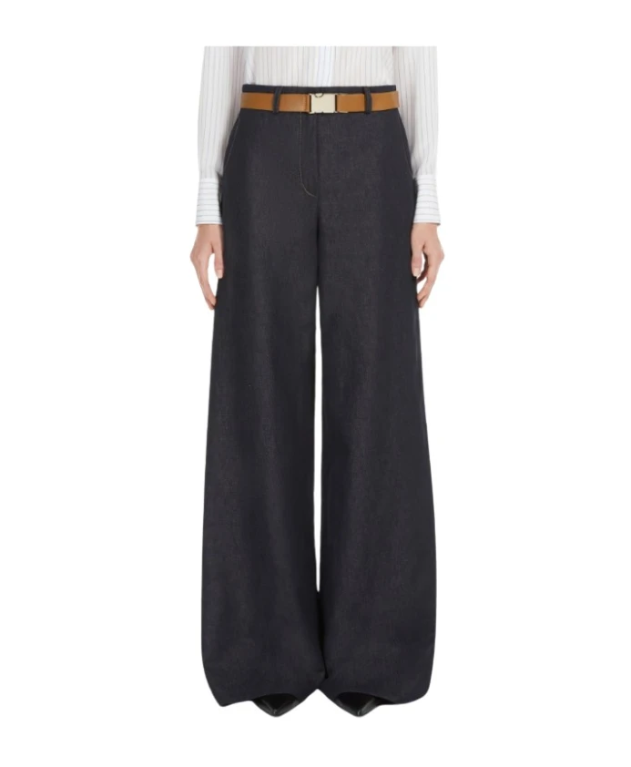 

Брюки из хлопка и льна с широкими штанинами Max Mara, синий