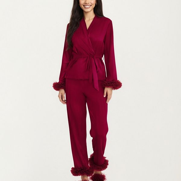 

Женский комплект из 2 предметов: топ-бюстье на запах из сатина с перьями на манжетах и прямые брюки Anna-Kaci, Burgundy
