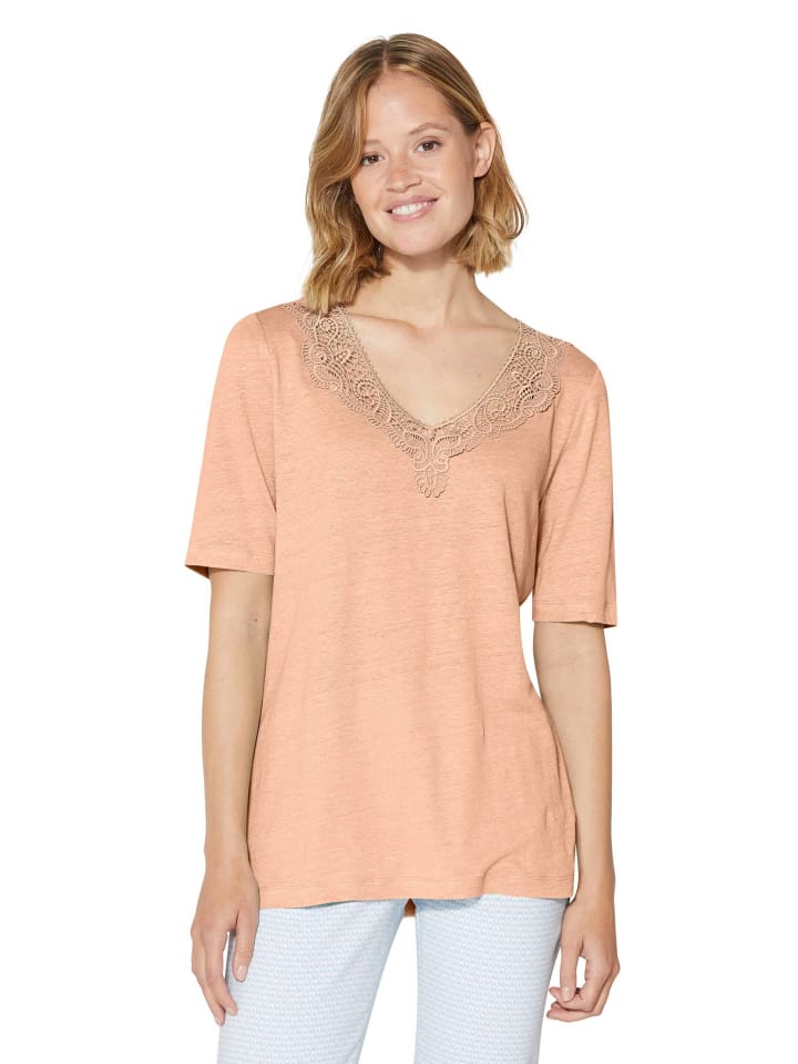 

MADELEINE Льняная футболка с короткими рукавами и изящными кружевными вставками персикового цвета, Оранжевый, MADELEINE Льняная футболка с короткими рукавами и изящными кружевными вставками персикового цвета