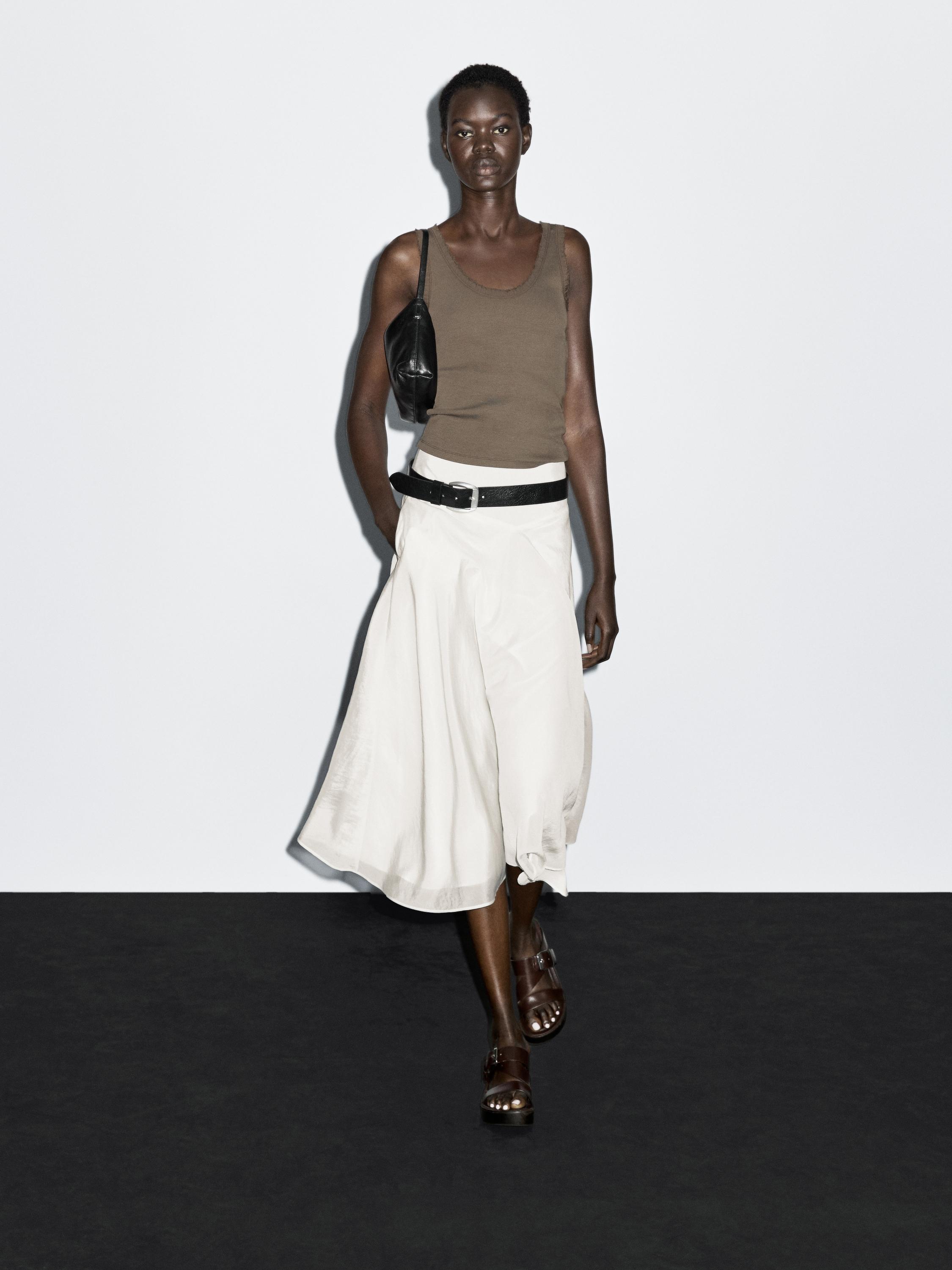 

Юбка миди с кокеткой и воланом Massimo Dutti, кремовый