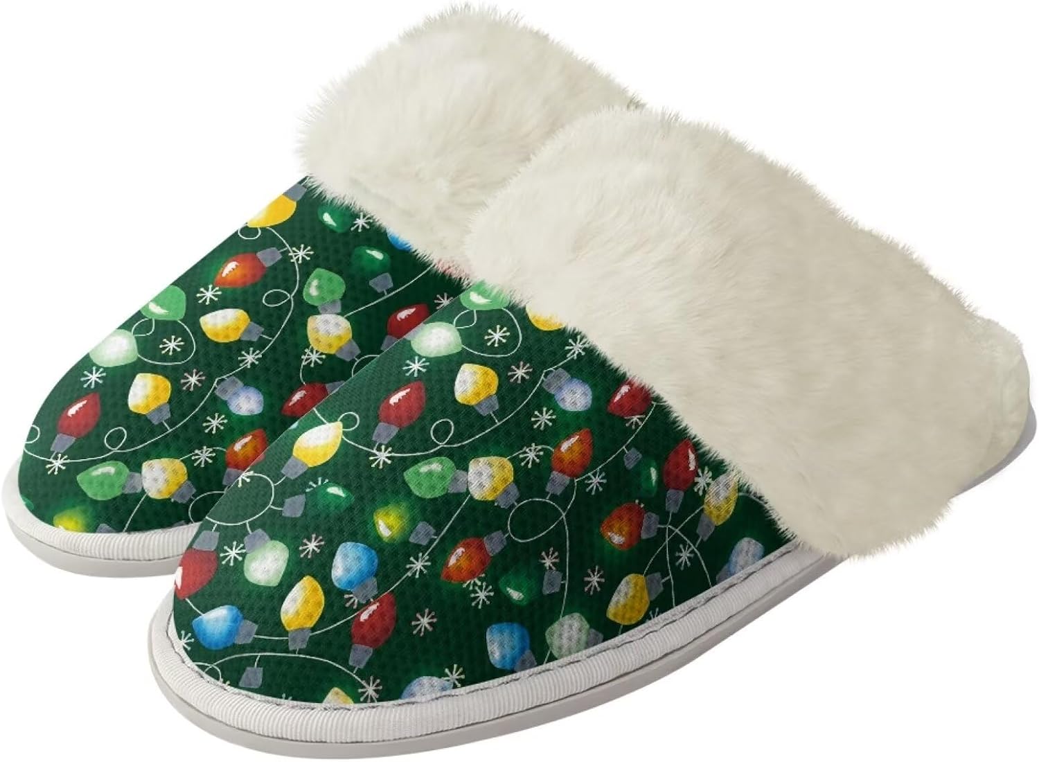 

Домашние тапочки Srengjodk Slip-On, фланелевые тапочки с меховой отделкой для женщин и мужчин, его и ее тапочки, размеры 36-47, Christmas Lights Print