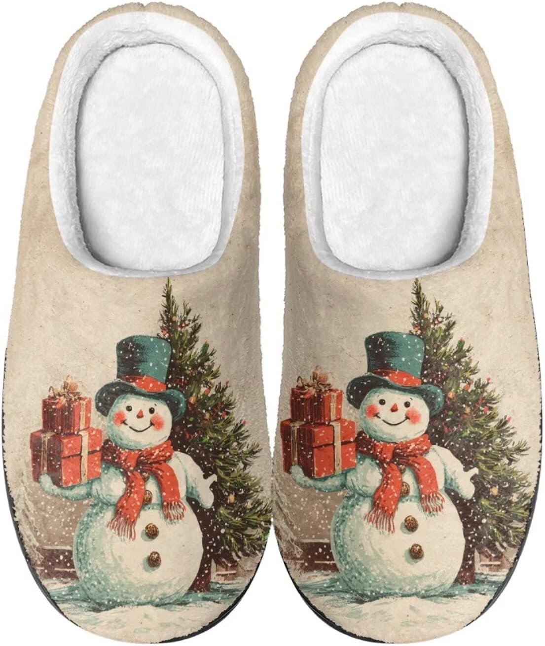 

Удобные плюшевые тапочки Cadowhimsy с закрытым носком, домашние тапочки без шнурков, пушистые домашние тапочки для женщин и мужчин, для дома и улицы, Vintage Christmas Tree Snowman