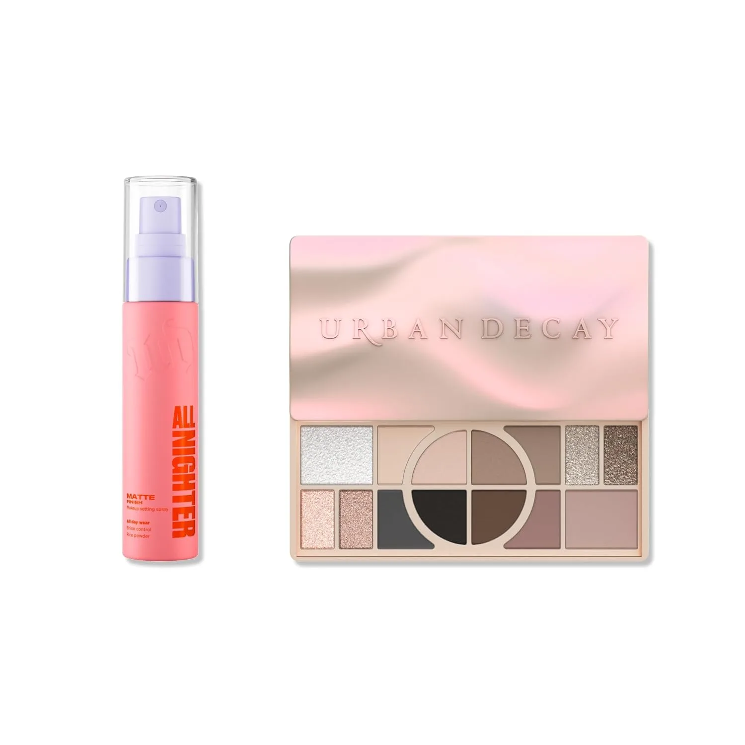 Urban Decay Naked Shaped Cool Palette и Matte Setting Spray Travel Bundle - универсальные нейтральные оттенки и All Nighter Waterproof Setting Spray (30 мл) для стойкого макияжа глаз и лица