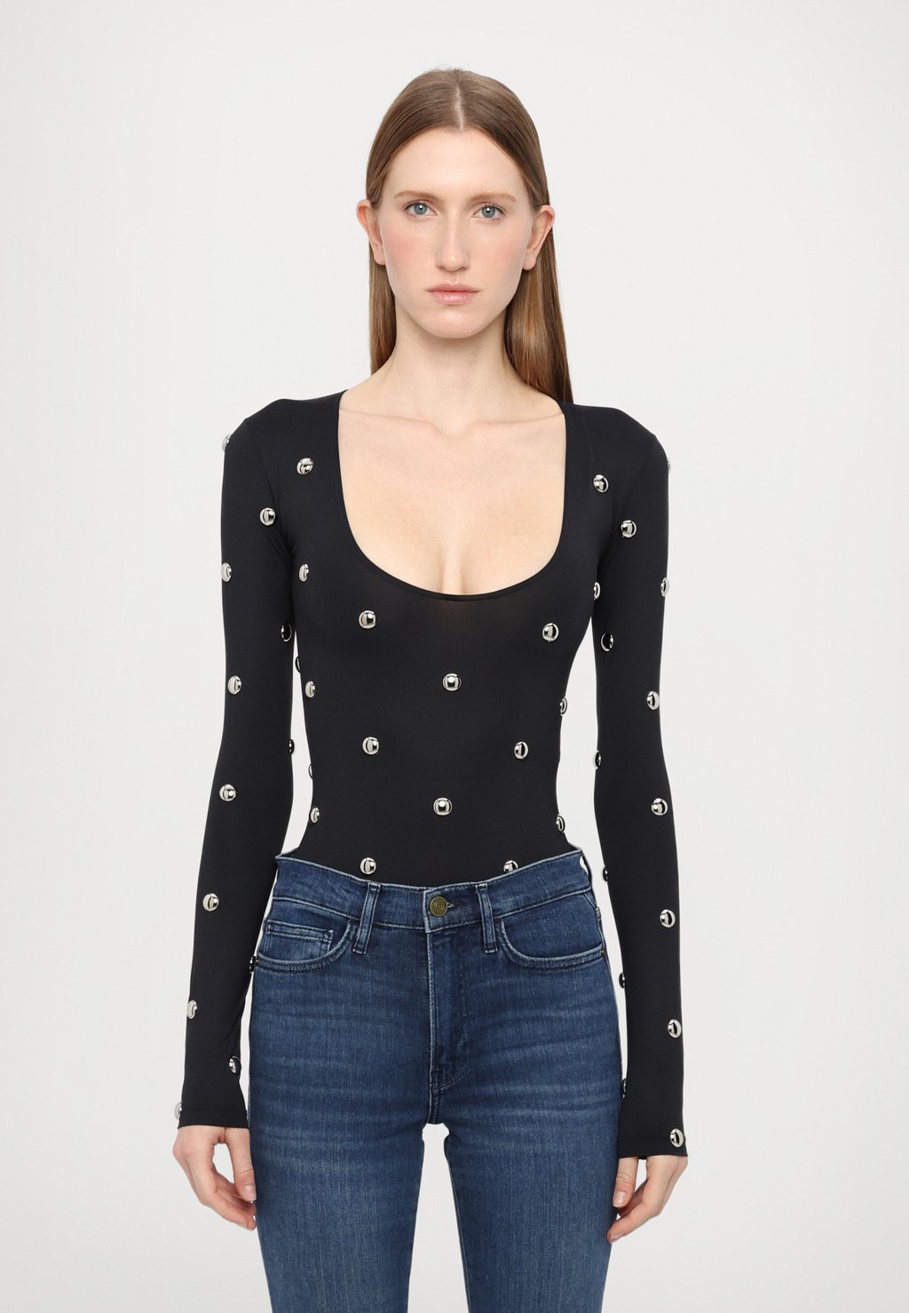 

Топ с длинными рукавами METAL BUBBLE STUDDED SCOOP NECK BODYSUIT Fiorucci, черный