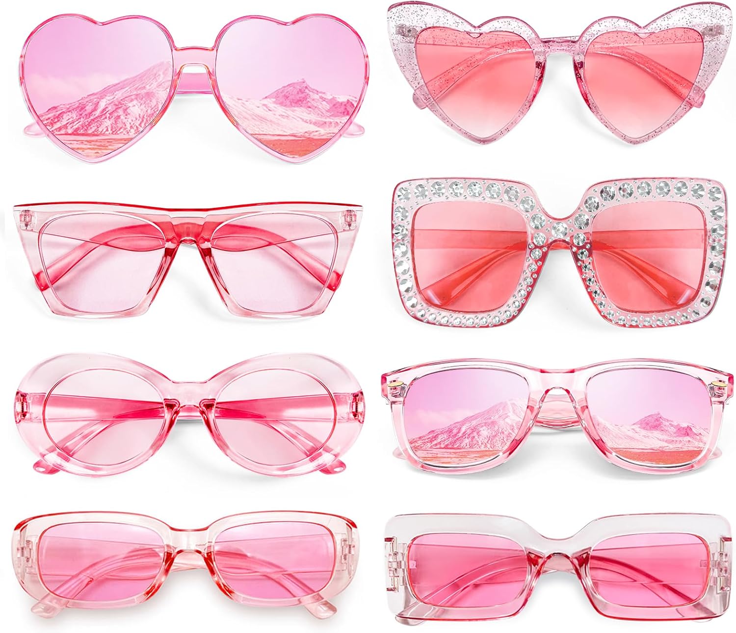 

Набор из 8 розовых/ярко-розовых солнцезащитных очков Pibupibu для женщин, ретро-очки прямоугольной, квадратной, овальной формы, в форме «кошачьего глаза», в форме сердца, для вечеринок, Pink