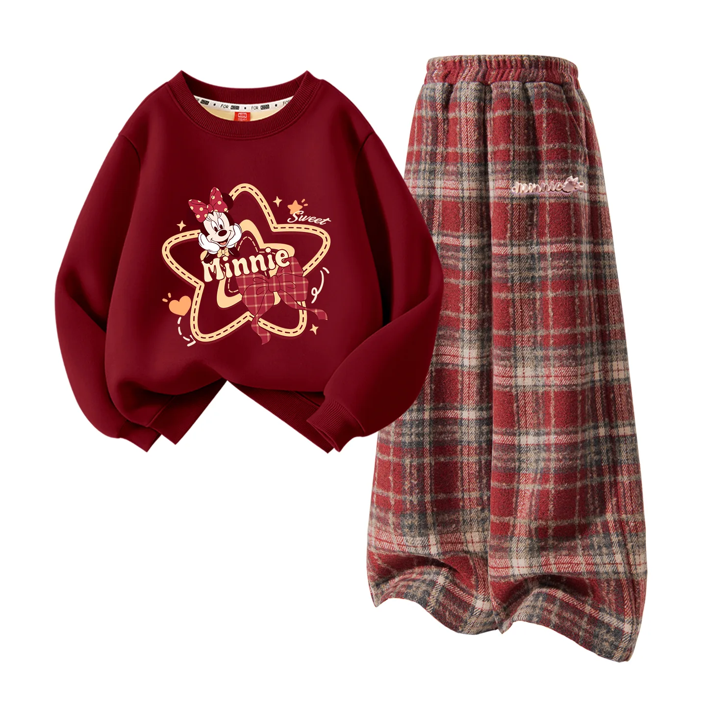 Disney Kids Tang Suits Crew Neck Thickness, [Thickened and Fleece-Lined]Dixinringni Burgundy+Dielong Metal Label K Red Plaid