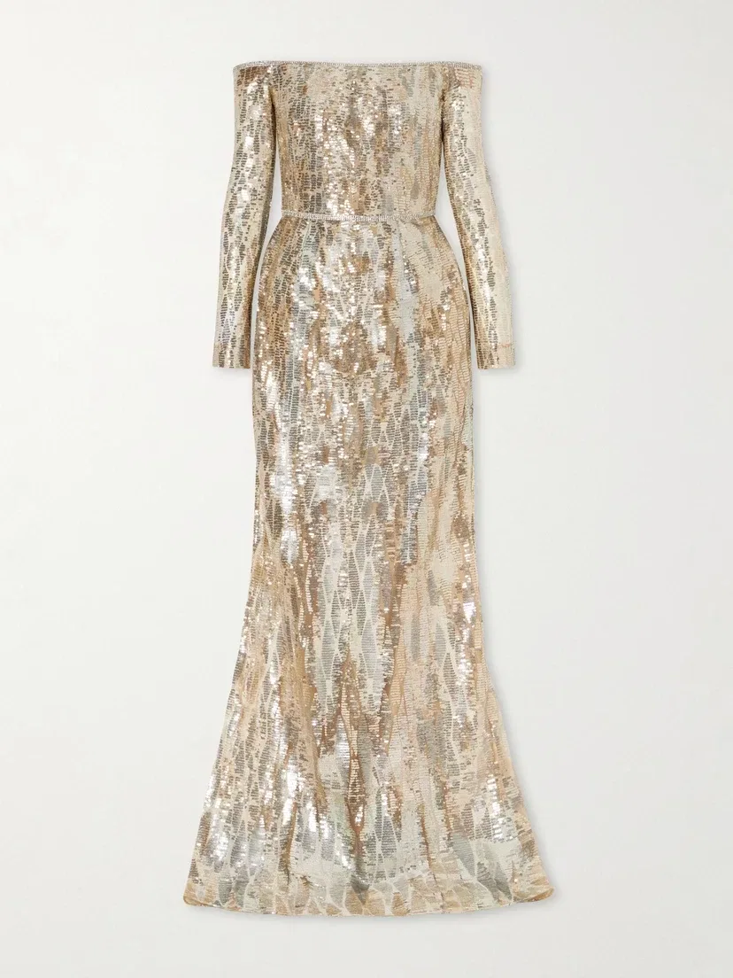 Атласное платье с открытыми плечами, украшенное пайетками Elie Saab, золотой