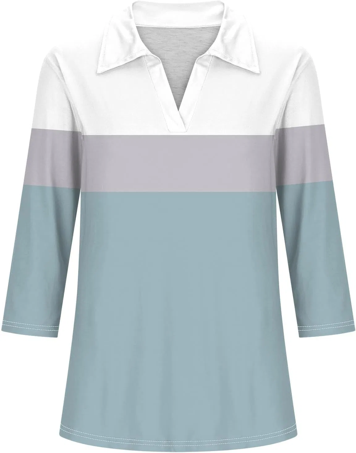 Женское поло с V-образным вырезом, 3/4 рукав, цветовой блок, Trendy 1#light Blue — фото 4