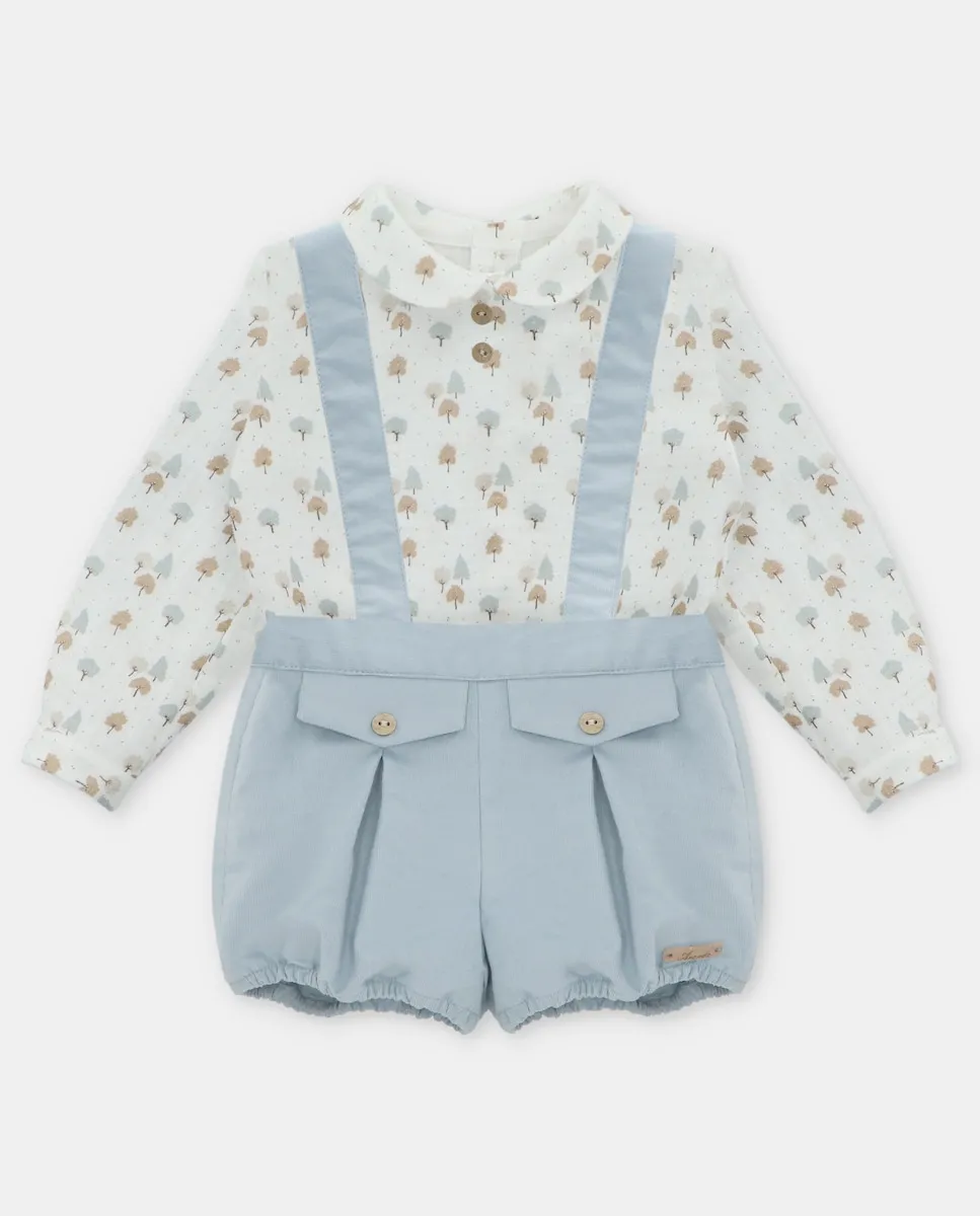 

Детский комплект рубашка с микро-принтом и бриджи с подтяжками из микровельвета цвета серо-голубого Martín Aranda