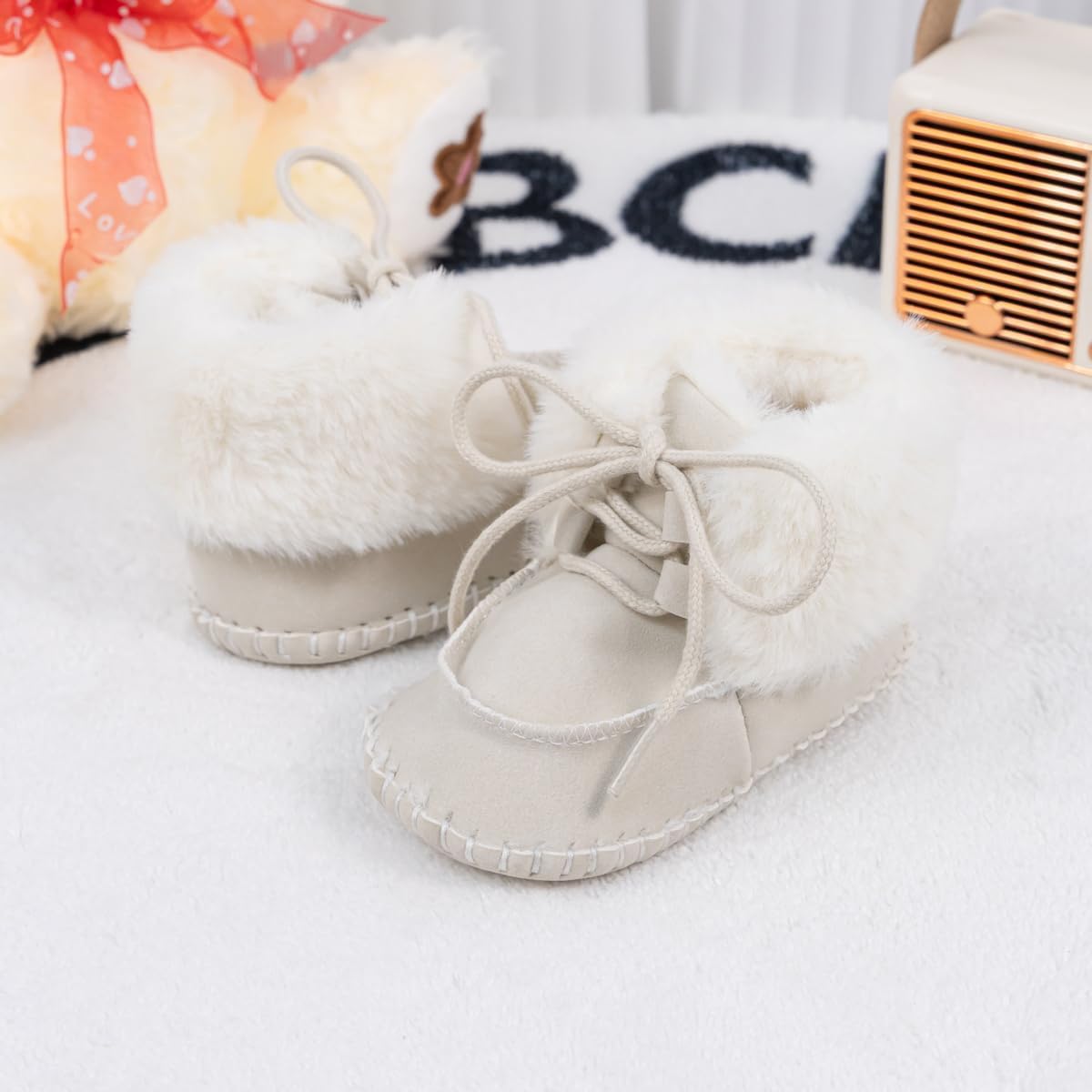HsdsBebe Детские ботиночки на щиколотку для мальчиков и девочек, флисовые пинетки с противоскользящей резиновой подошвой, кроссовки для малышей, обувь для новорожденных для ходьбы и сна, C3421/Beige — фото 4