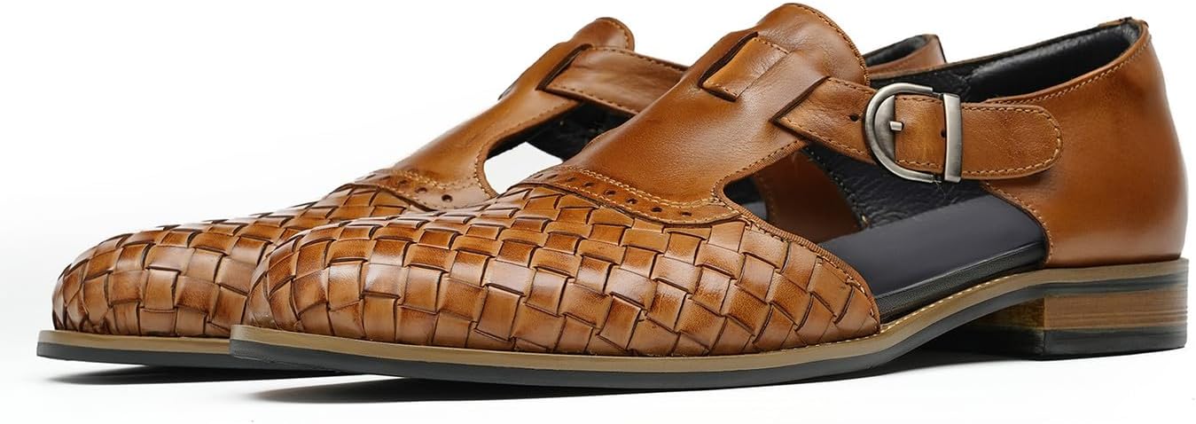 

Мужские плетеные сандалии Santimon из натуральной кожи, Закрытая деловая повседневная обувь, модные сандалии, удобные летние лоферы для мужчин, коричневый