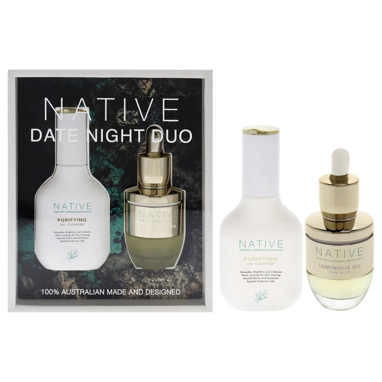 Набор Native Date Night Duo от Klara для женщин - 2 шт.: очищающий гель для умывания 38 г и масло для сияния кожи 38 г, мультиколор