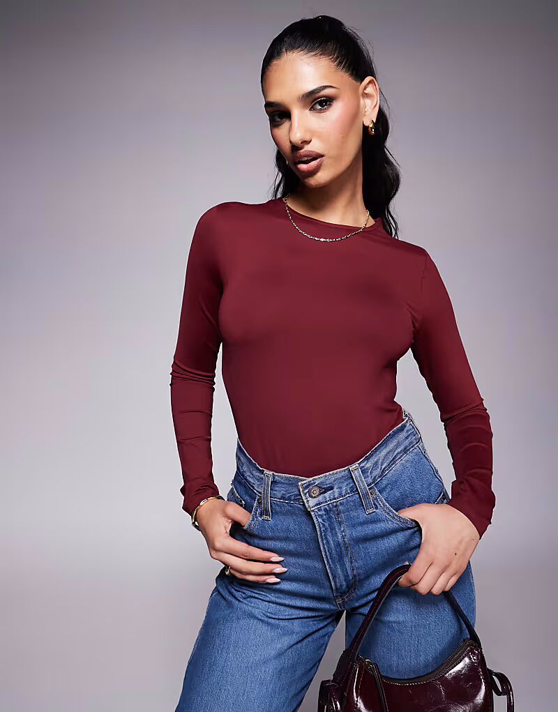

Боди ASOS DESIGN из полиамида с длинными рукавами бордового цвета