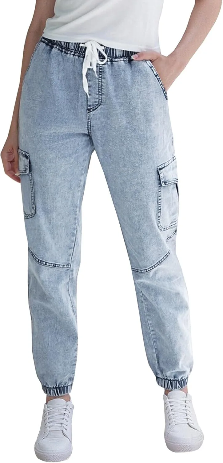 

Женские карго джоггеры с карманами — джинсы на высокой резинке со шнурком, эластичные LBDLONGBIDA