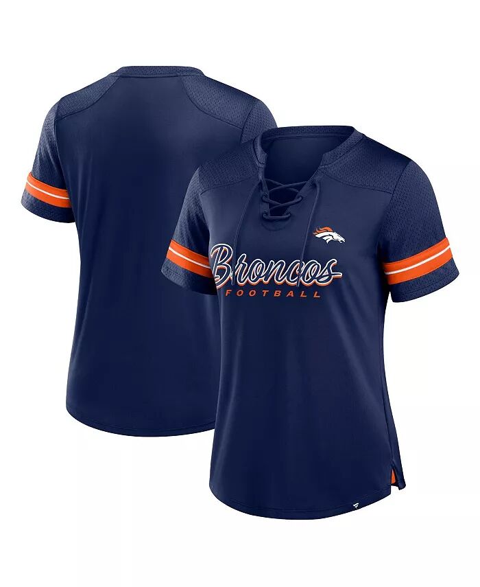 

Женская темно-синяя футболка Denver Broncos Play Script на шнуровке Fanatics