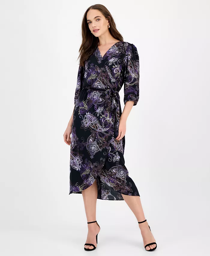 

Женское платье миди с рукавами 3/4 и имитацией запаха Connected, мультиколор