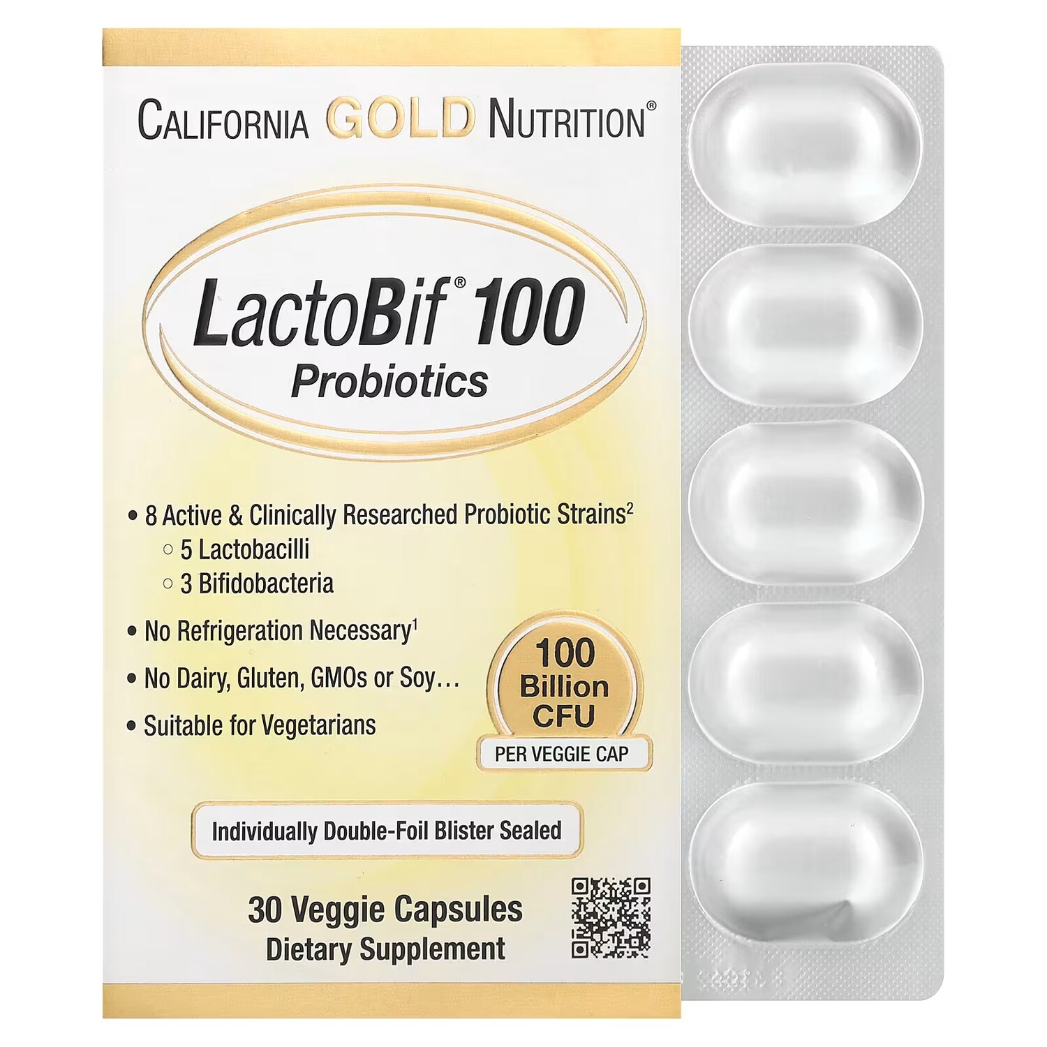 

California Gold Nutrition LactoBif 100 Пробиотики 100 миллиардов КОЕ 30 растительных капсул