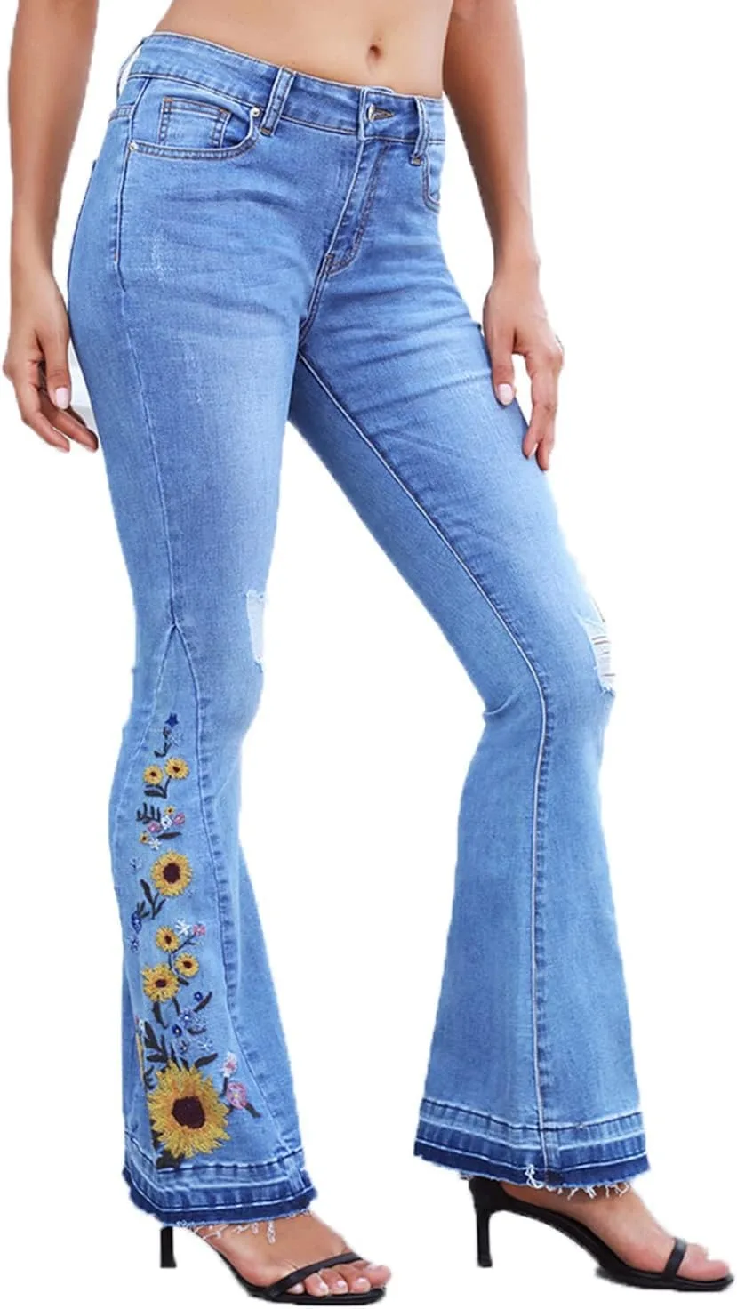 

Джинсы-клеш с цветочной вышивкой для женщин, Stretch, Plus Size, Y2k Cdiecer