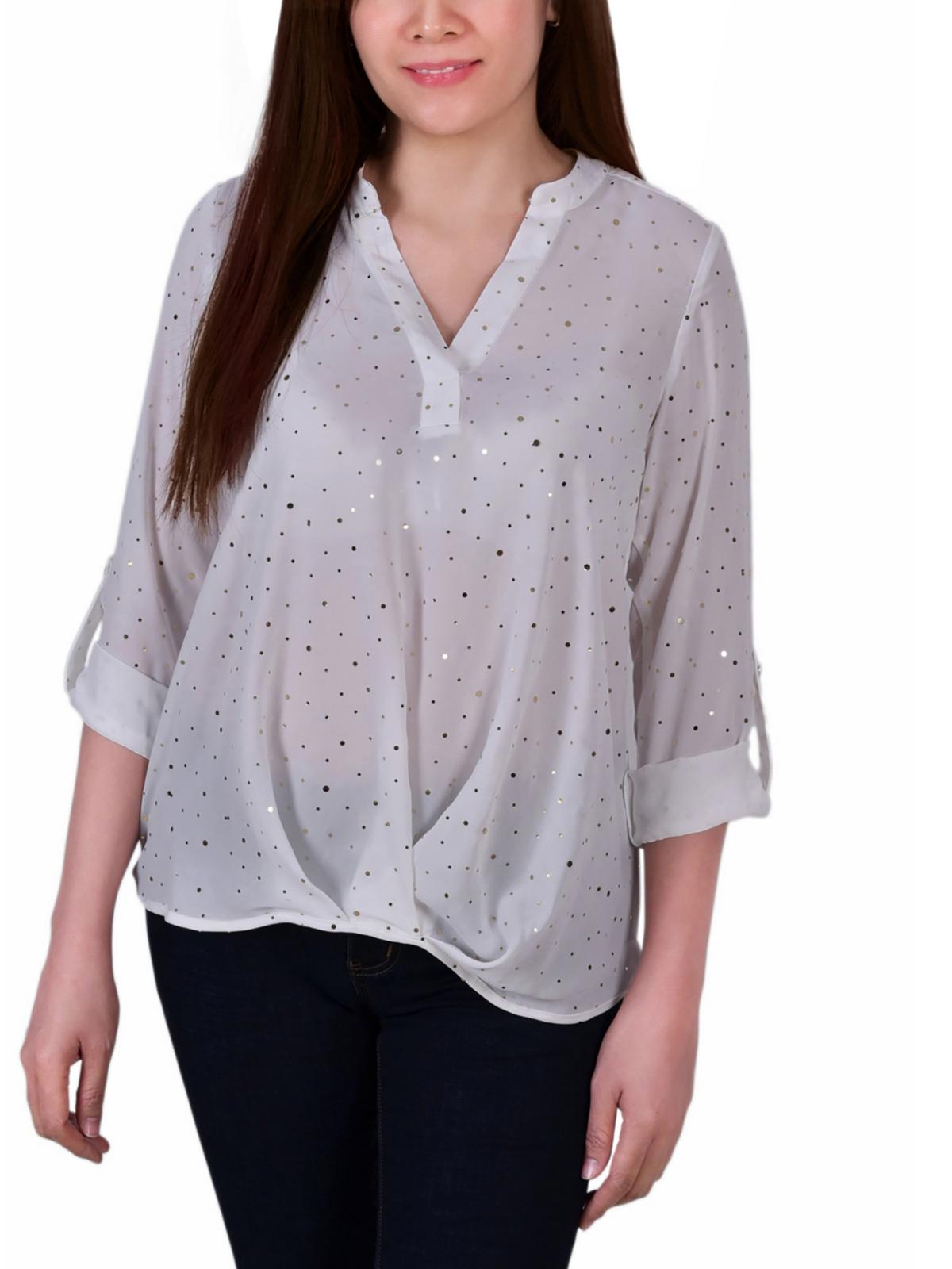

Petites Womens Metallic Work Day Wear Pullover Топ NY Collection, белый