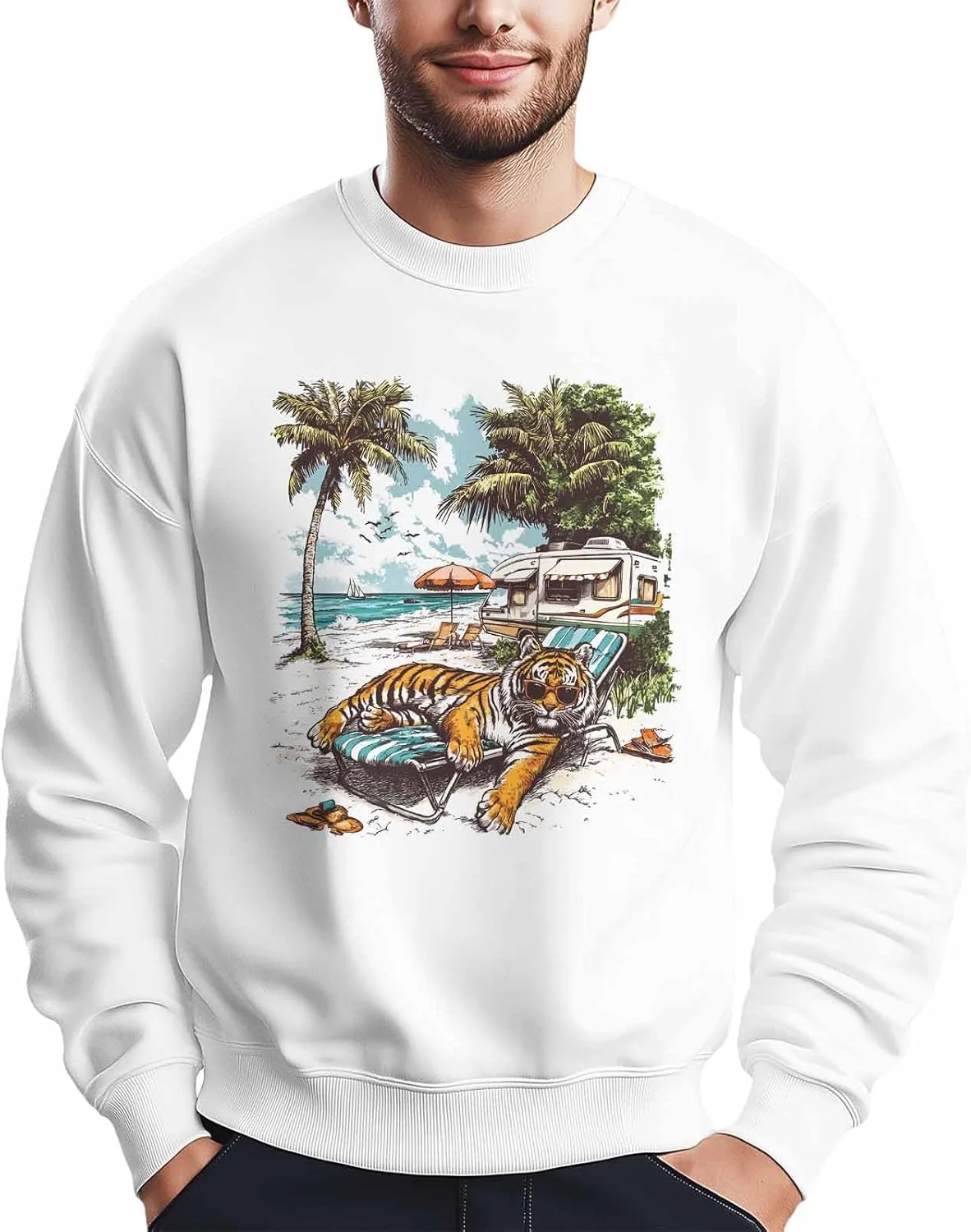 

Мужской свитшот с принтом Tiger Basking Camping Beach, лонгслив Winvebermior