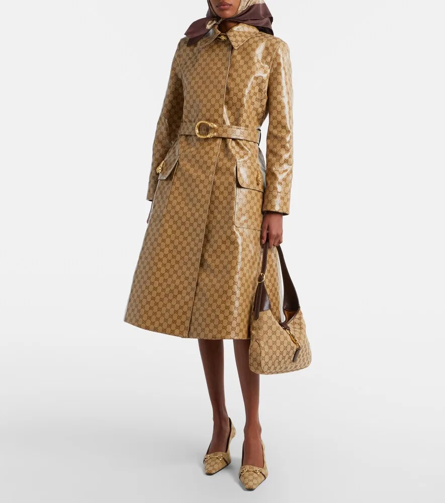 Пальто Gucci GG Canvas с поясом, классический крой, бежевый — фото 2