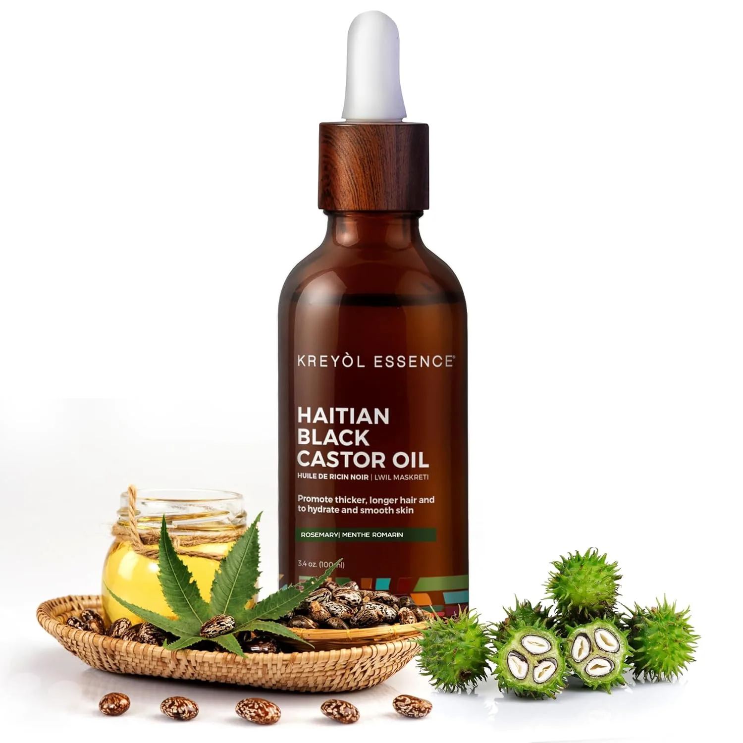 Kreyol Essence - гаитянское черное касторовое масло для кожи и волос, стеклянная бутылка - холодный отжим, для густоты волос, без гексана, натуральный увлажнитель, 100 мл, розмарин и мята Kreyòl Essence, BLACK — фото 2
