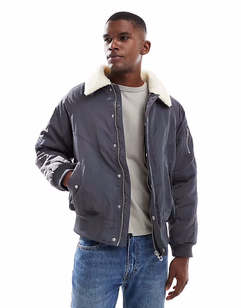 

Куртка-бомбер MA1 с воротником-боргом светло-серого цвета New Look