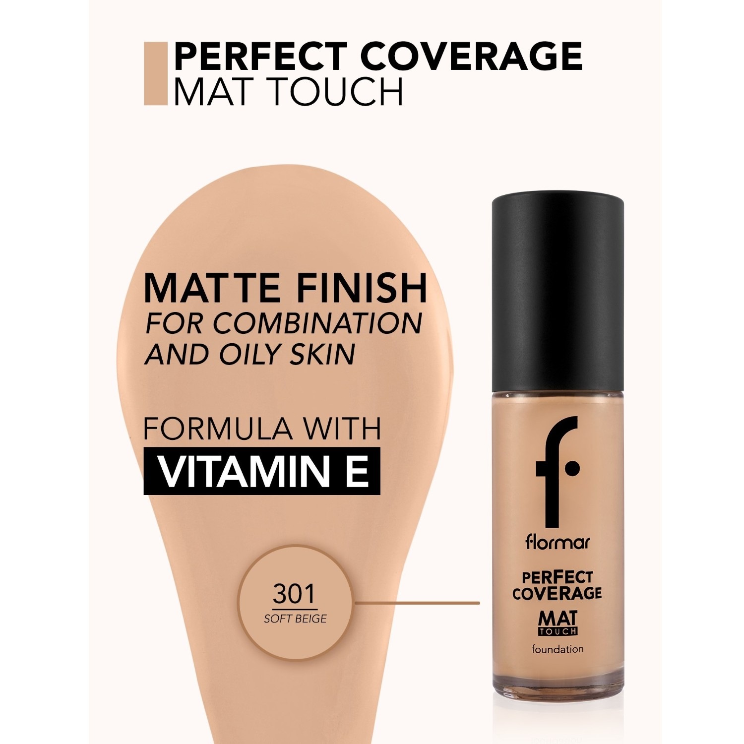 Тональный крем для лица perfect coverage mat tch fdt-303 clssc beige np Flormar, 301 - soft beige, объем 30 мл — фото 2