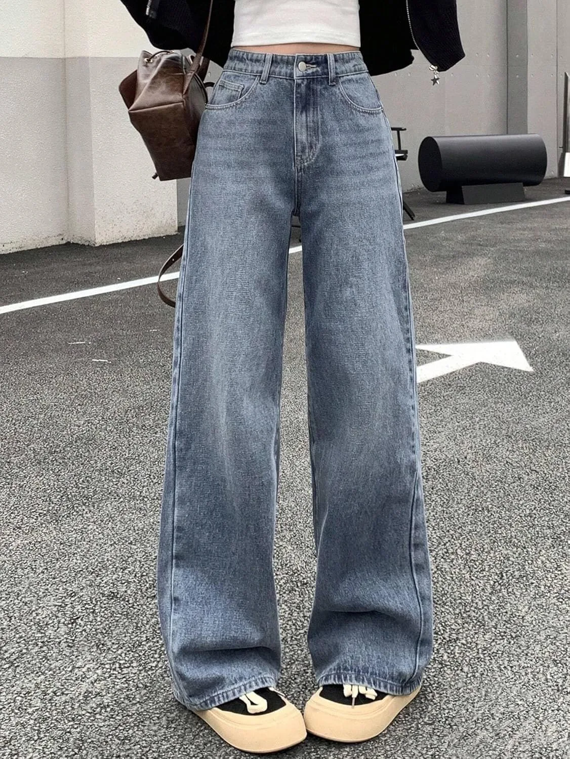 Женские классические джинсы Loose Fit, широкие, удлиненные, с рваным краем Generic, Medium Wash — фото 4