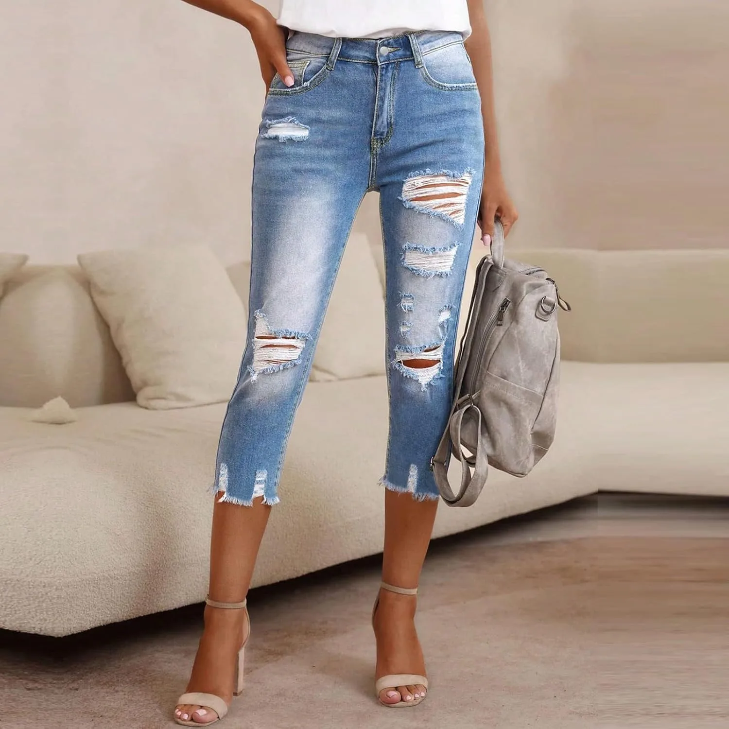 Женские джинсы Distressed Casual Skinny с Raw Hem — фото 2