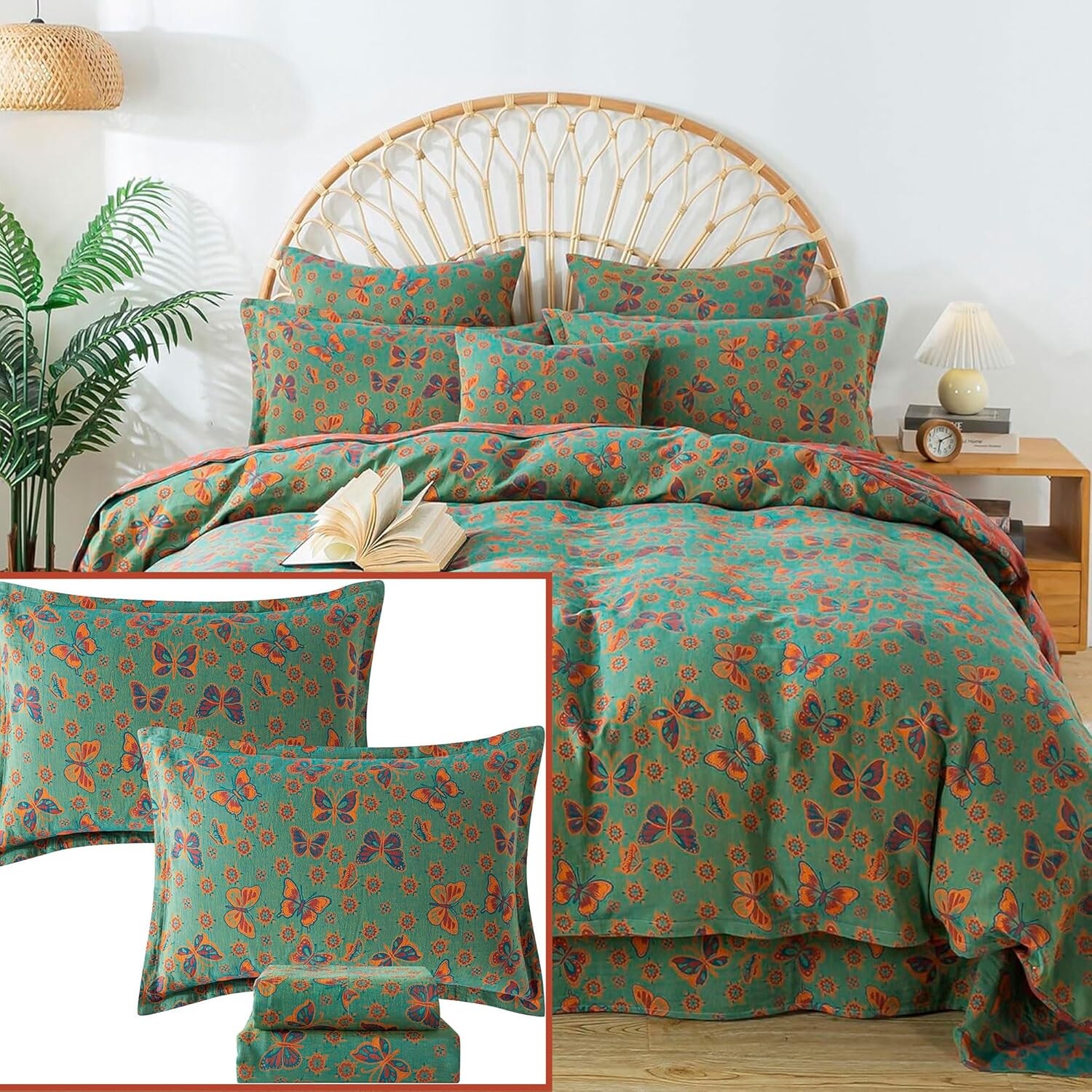 

FADFAY Butterfly King Size Винтаж Зеленый Красный Цветочный Пододеяльник Комплекты простыней 7 шт. Мытый двухслойный муслин 100% хлопок Потертый фермерский дом Постельные принадлежности Супер мягкие дышащие