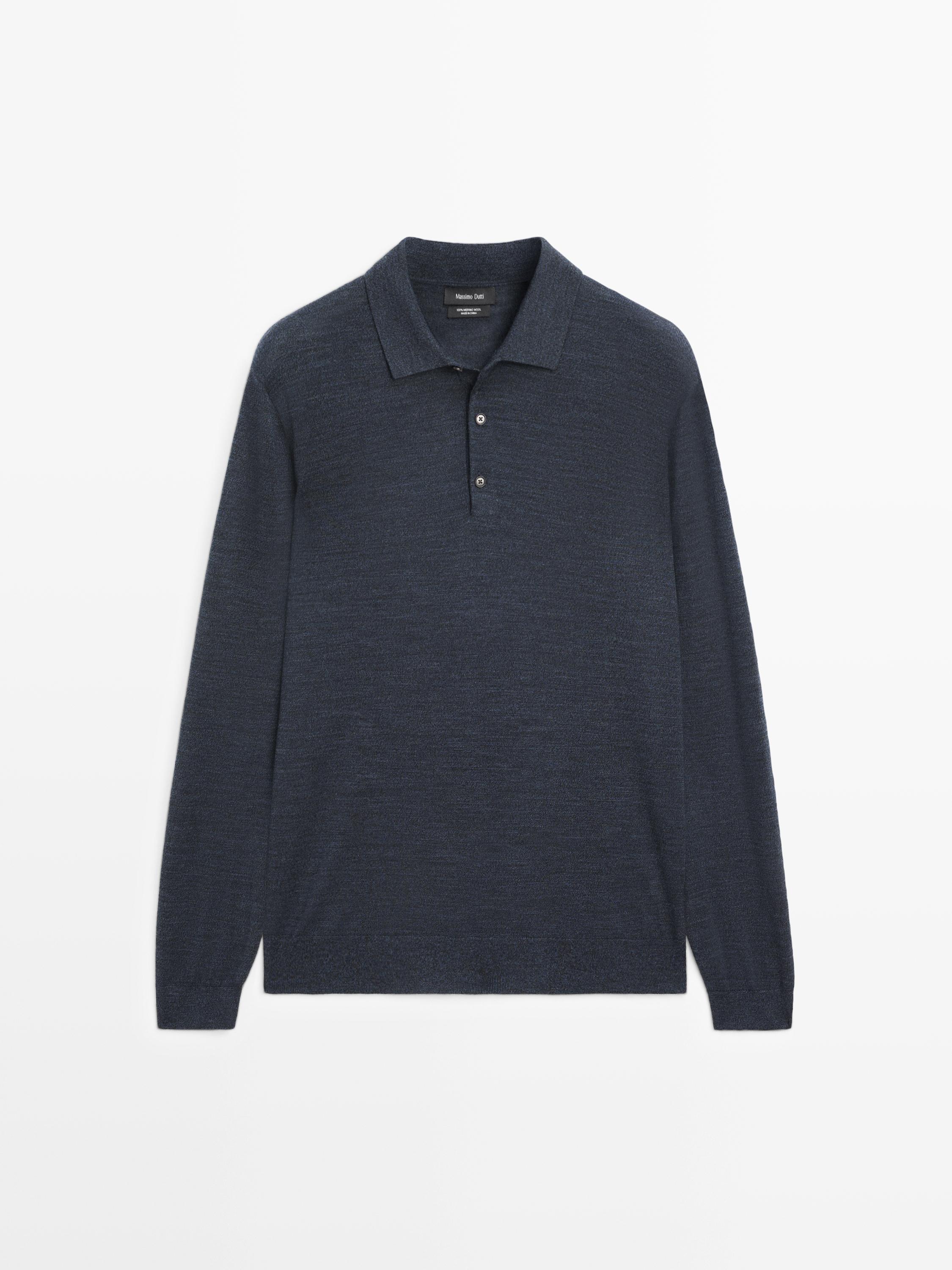 Шерстяной вязаный свитер с воротником поло Massimo Dutti, dark navy — фото 2