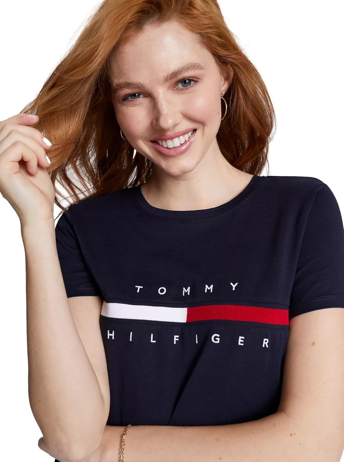 Женская футболка с полосатым логотипом Tommy Hilfiger, Embroidered-Flag Desert Sky Navy — фото 3