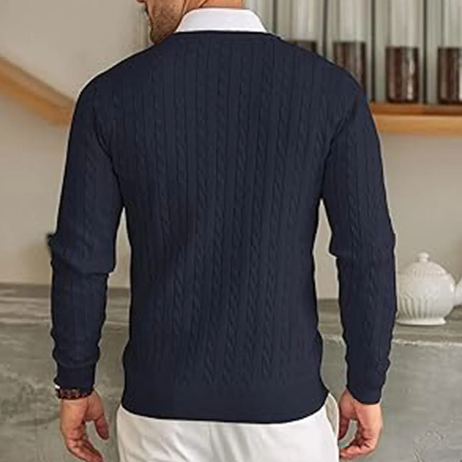 Мужской свитер с косой вязкой и длинными рукавами Slim Fit — фото 2
