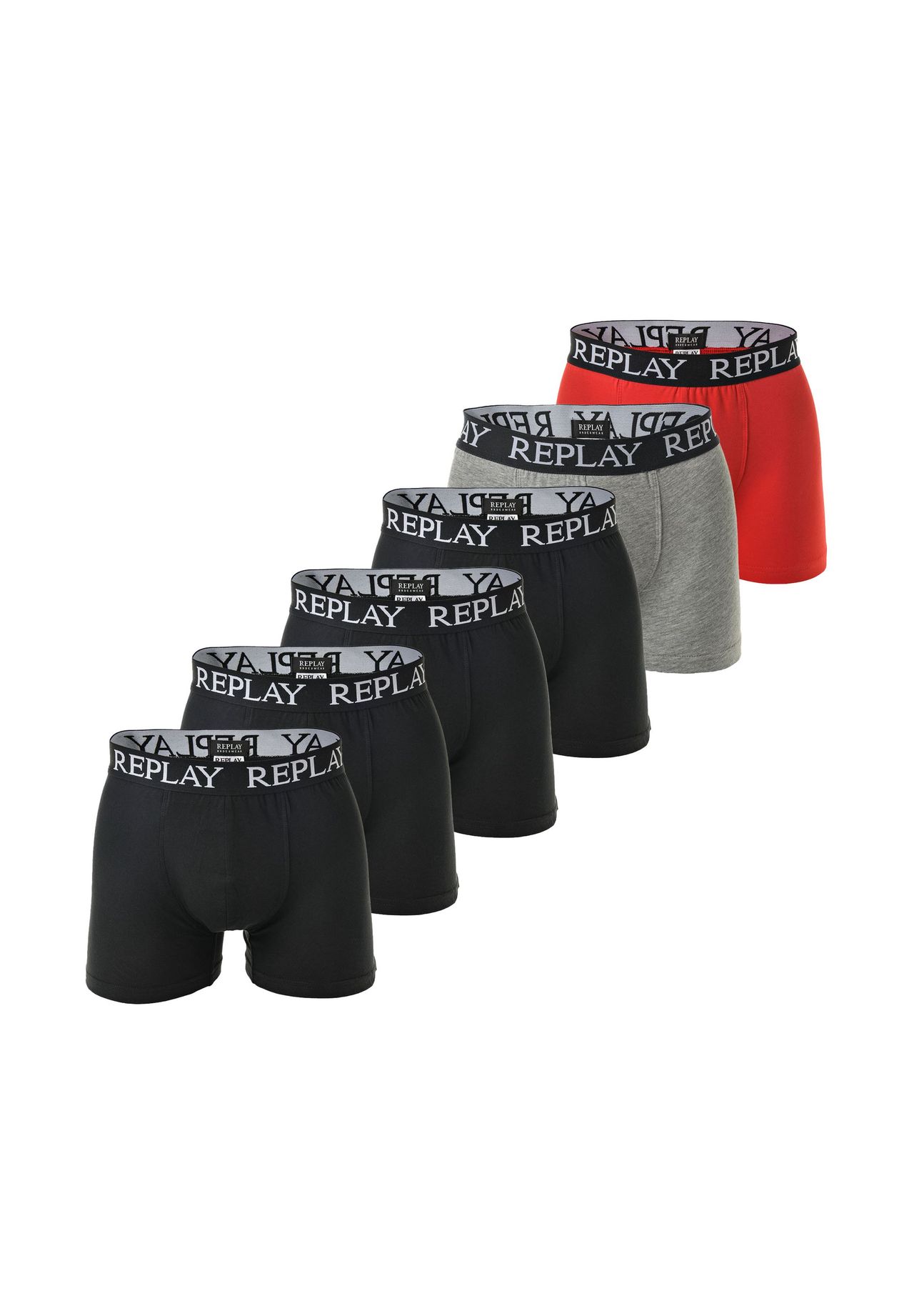 

Мужские боксеры, 6 шт в упаковке, хлопок, логотип, однотонные REPLAY, цвет Schwarz/schwarz/grau/rot