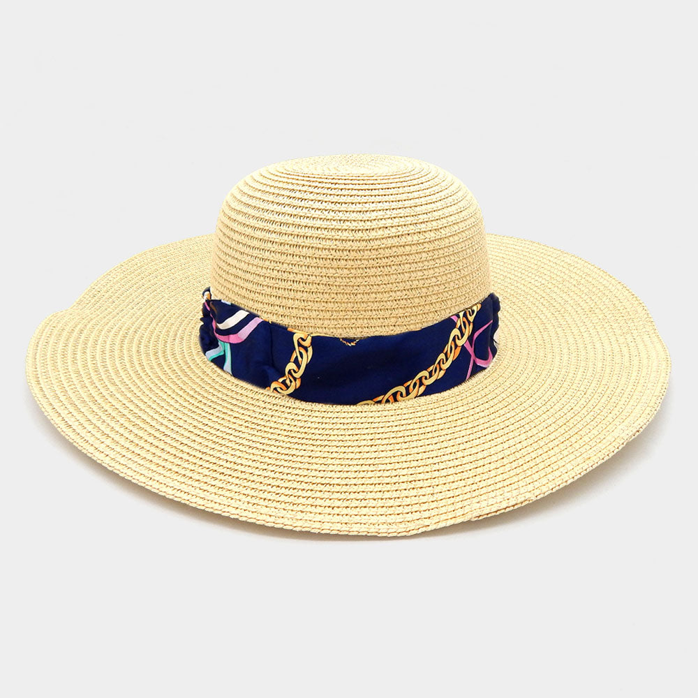 

Соломенная шляпа с широкими полями, цепочкой и набивным рисунком, из ткани, имитирующей шелк FASHNZFAB, бежевый, синий