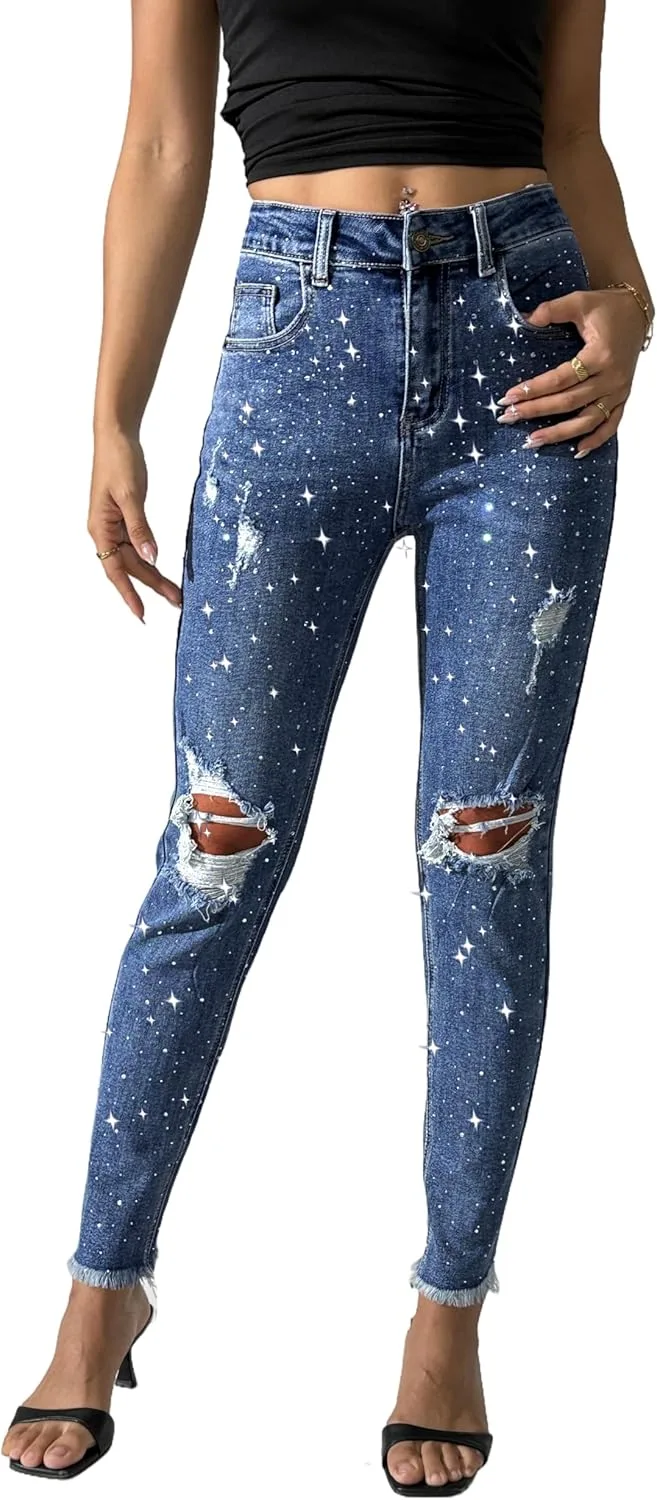 

Heipeiwa Женские джинсы с пайетками и потертостями