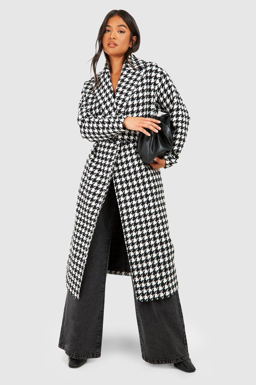 

Шерстяной тренч Petite Dogtooth с поясом boohoo, черный