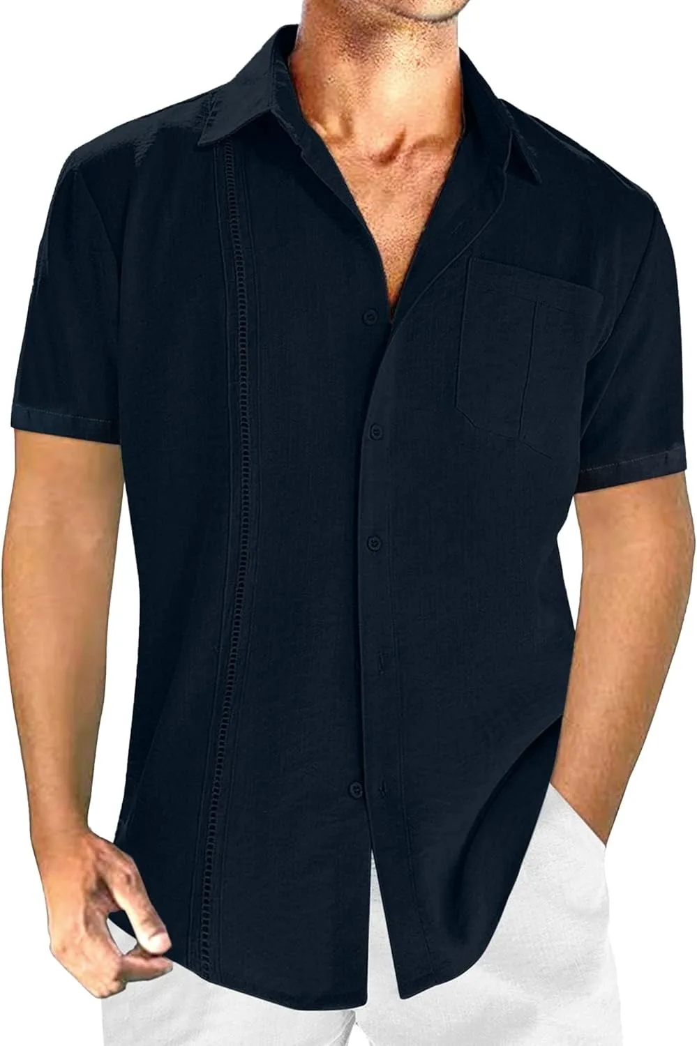 

Мужская свободная хлопковая льняная рубашка с кружевом и нагрудным карманом Zylphorix